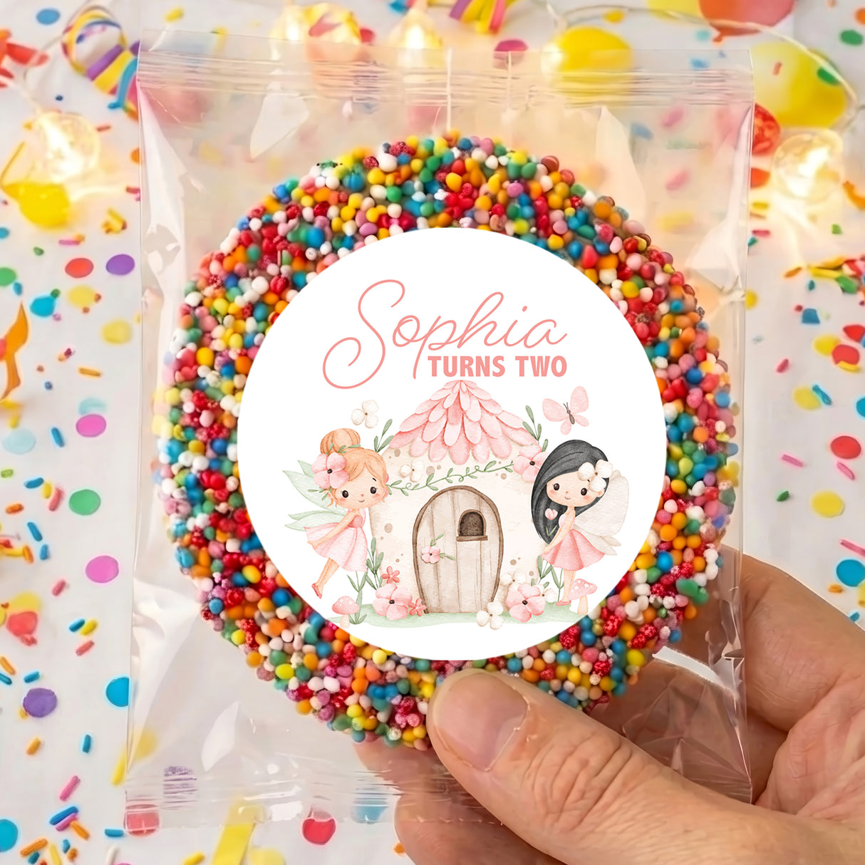 Personalised fairy freckles in clear bag with rainbow bead ring and round illustrated label