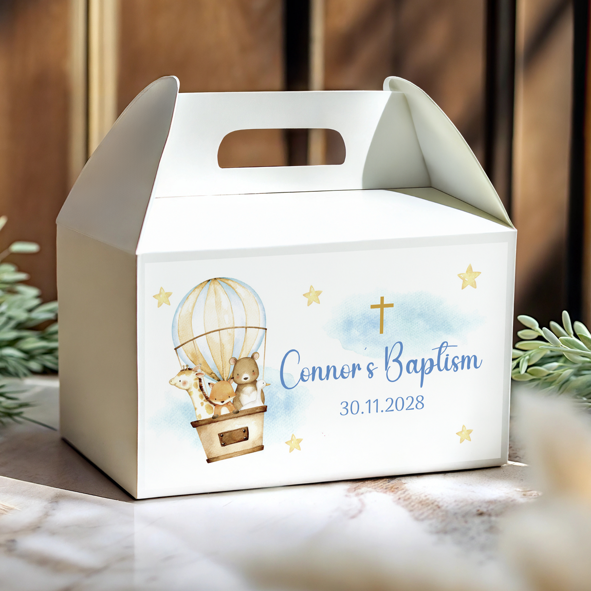Personalised baptism gable favor box, white with handle cutout and hot air balloon animal graphic