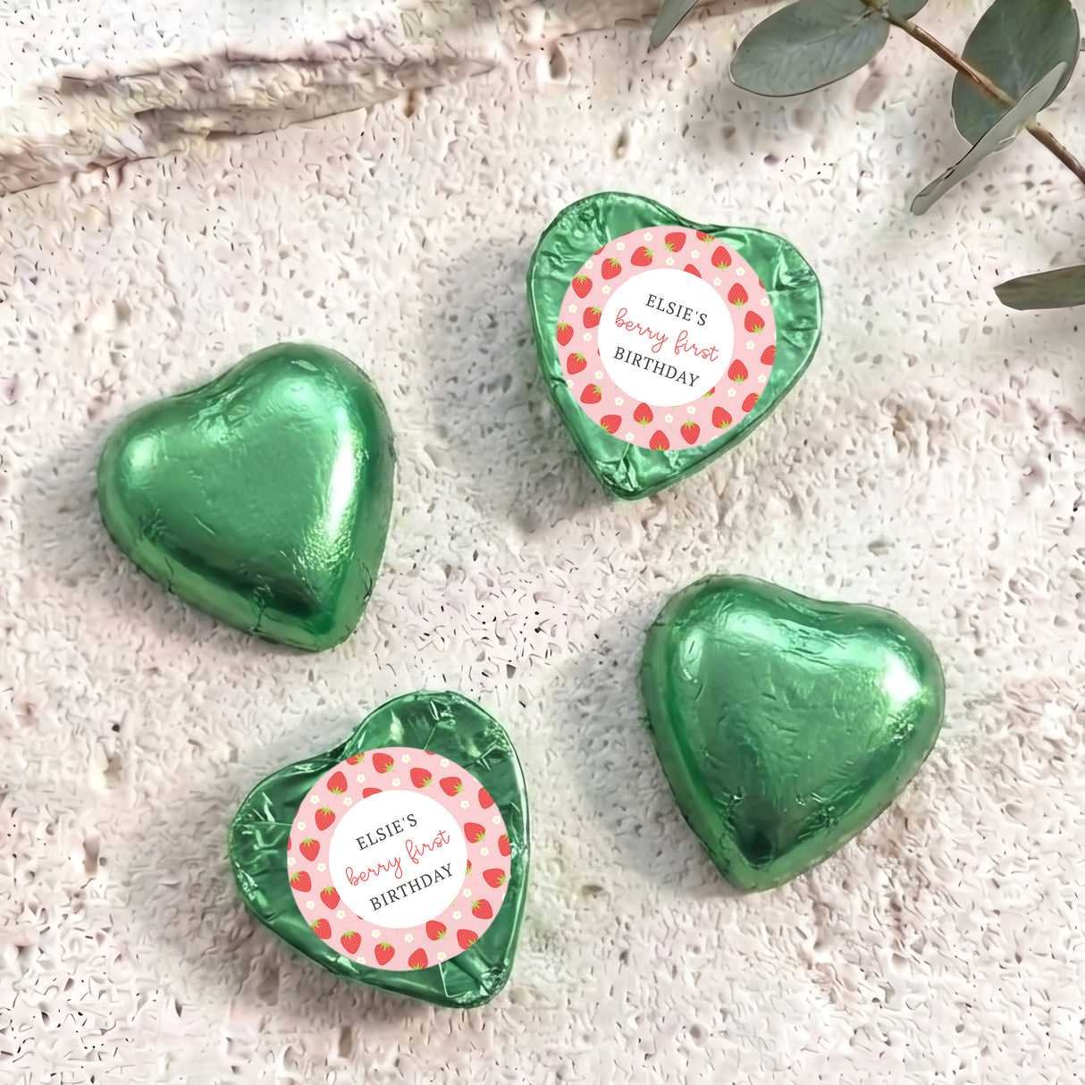 Berry First Birthday Personalised Foil Covered Chocolate Hearts