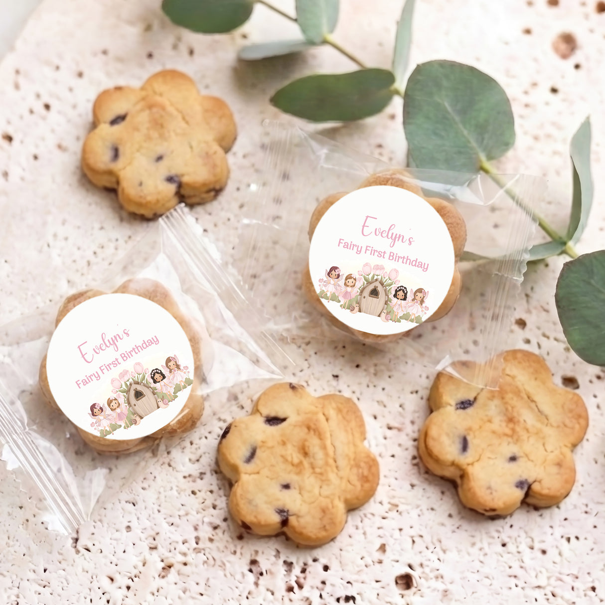 Set of mini choc chip cookies with two round printed toppers for Evelyn's Fairy First Birthday