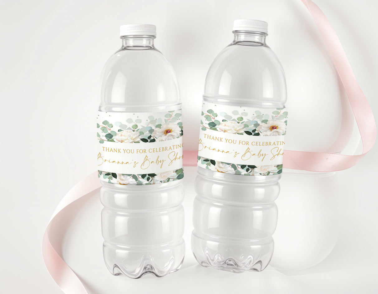 Personalised water bottle labels with white peony eucalyptus floral design and thank you text