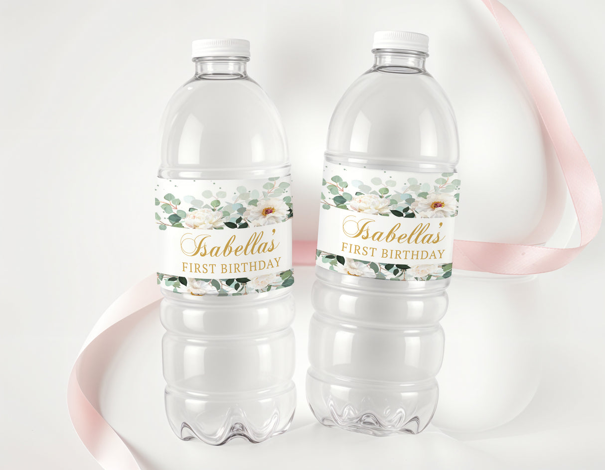 Personalised bottle labels on clear water bottles, peony and eucalyptus floral design