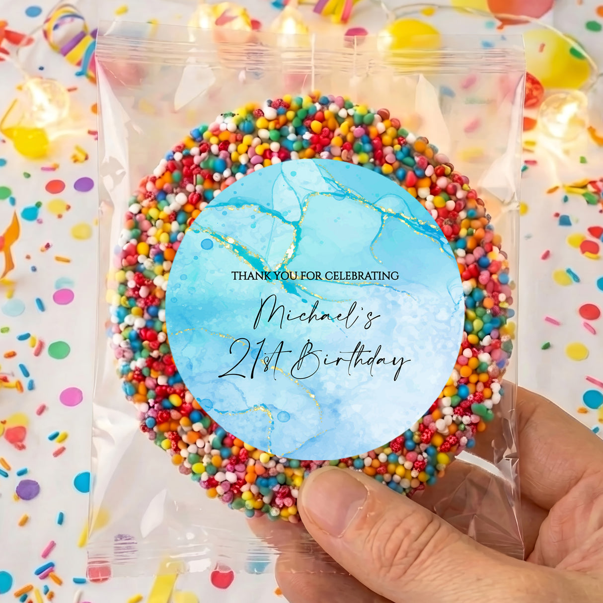 Personalised birthday giant freckles bag with rainbow bead ring and blue card topper
