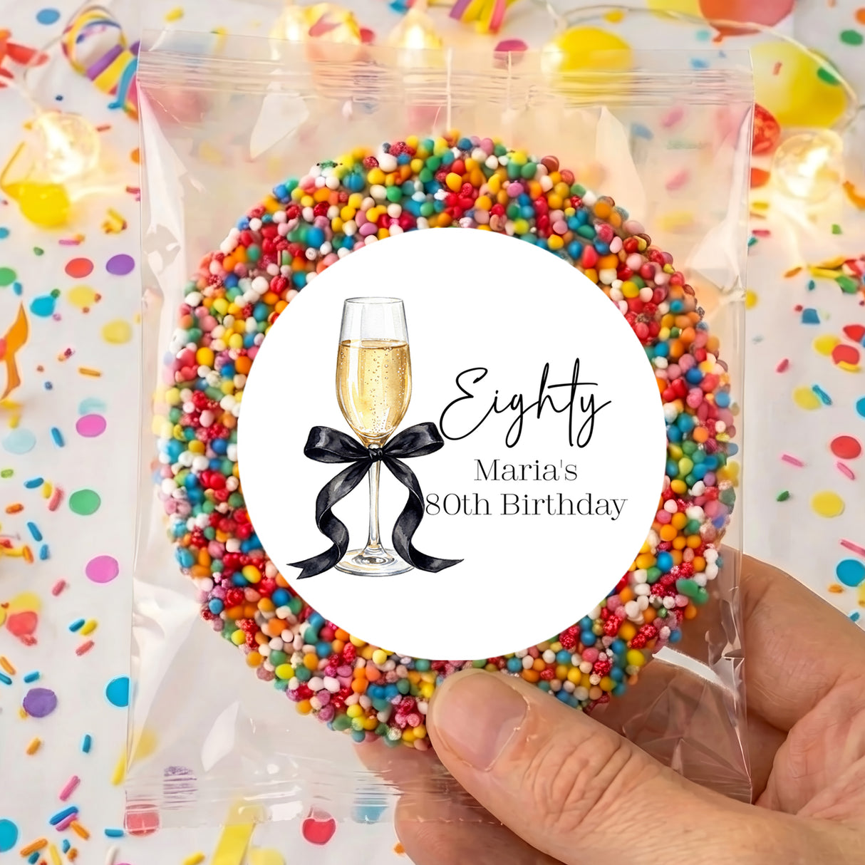 Personalised 80th birthday giant freckles candy ring in clear cellophane bag