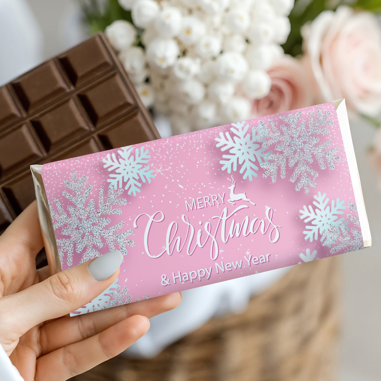 Silver Pink Snowflakes Chocolate Bar