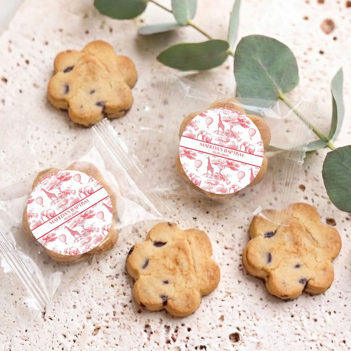 Red Safari Toile Baptism Personalised Bite Size Choc Chip Cookies