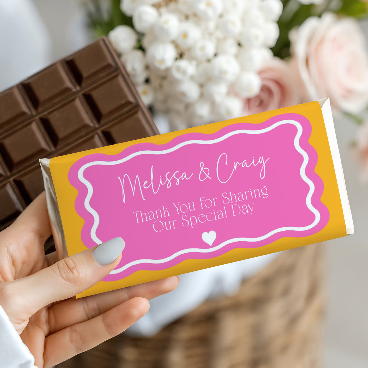 Yellow and pink wavy thank-you chocolate bar wrapper, Melissa & Cray text