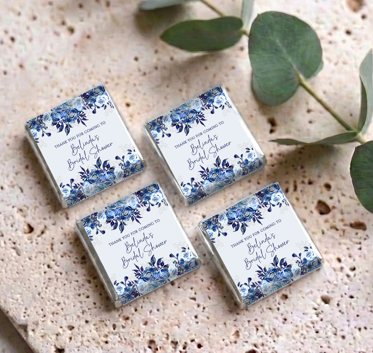 Set of personalised mini chocolate favor boxes with blue floral border for bridal shower thank-you
