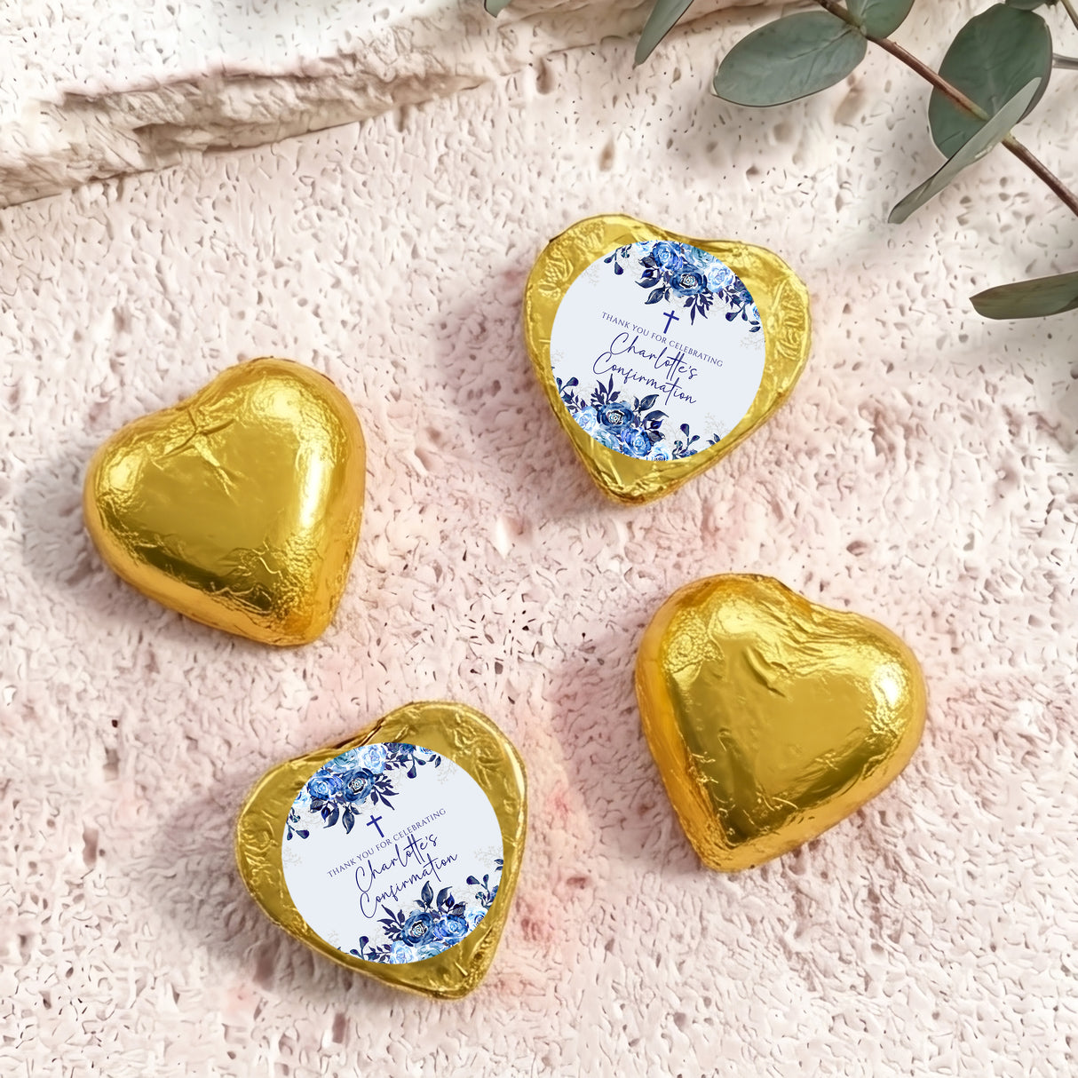 Personalised foil heart chocolates, gold with floral Confirmation message