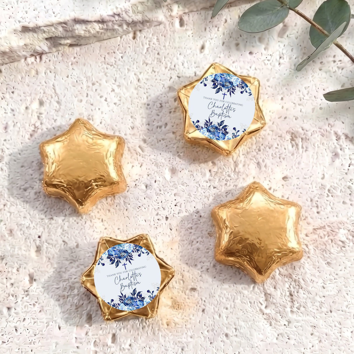 Baptism foil chocolate stars: blue floral thank-you label on gold star