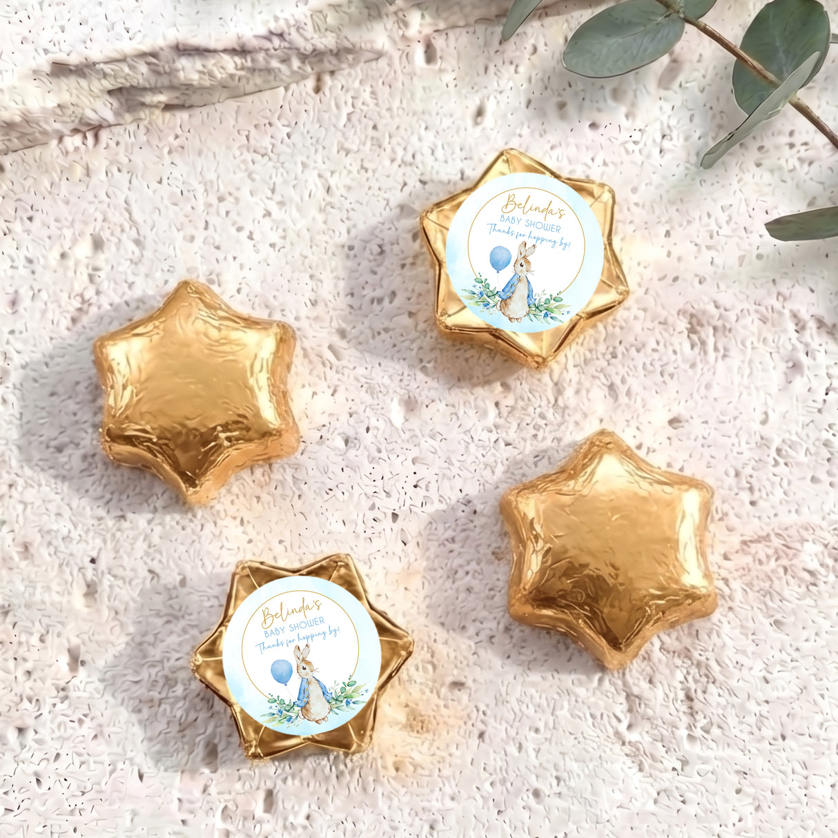 Gold foil star chocolates with Peter Rabbit baby shower label, set of 4