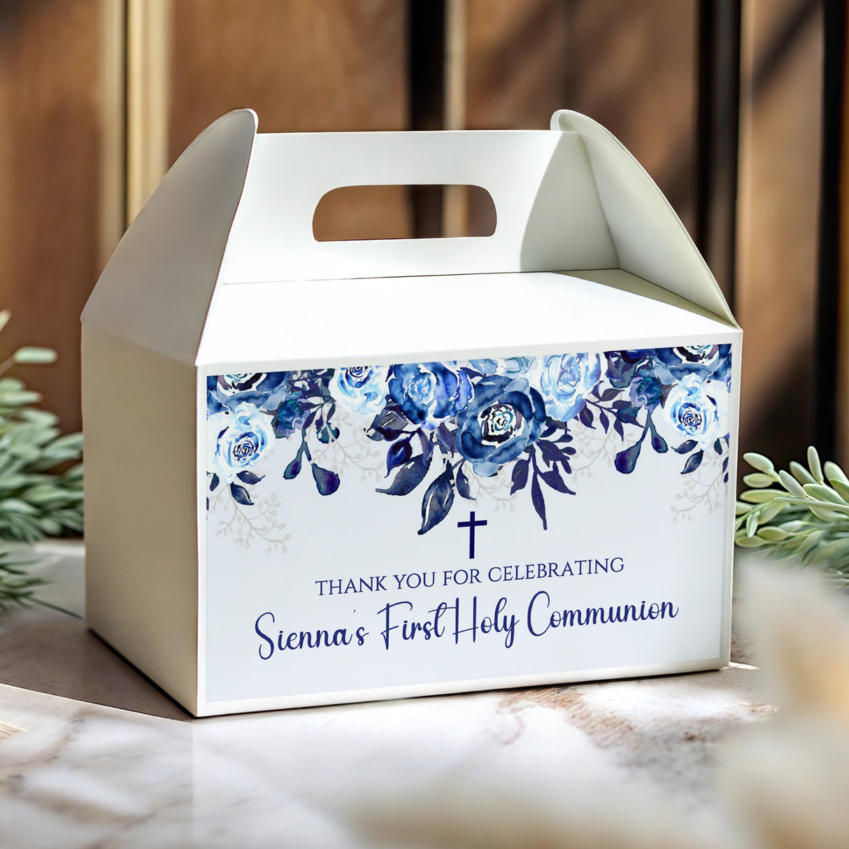 Personalised gable favour box, white with blue floral print and cross cutout