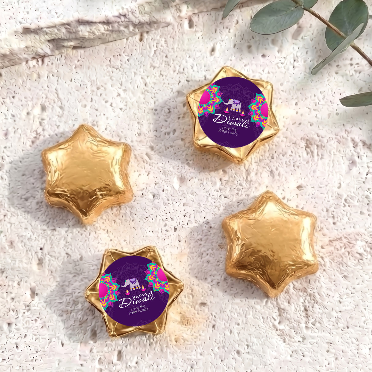 Diwali Purple Elephant Personalised Foil Covered Chocolate Stars