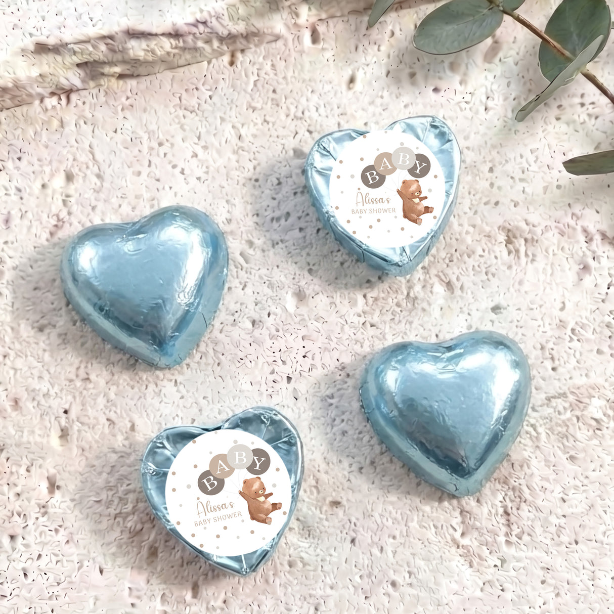 Light blue heart foil chocolates with Baby shower label and teddy graphic