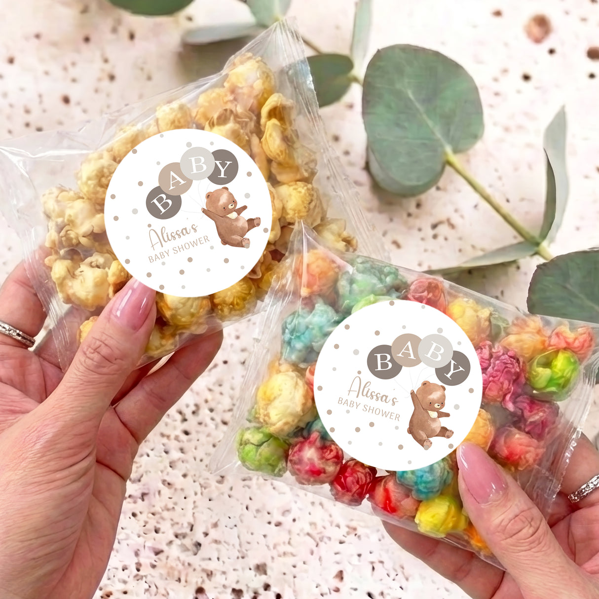 Alissa baby shower popcorn bag with bear label and multi-colour popped corn
