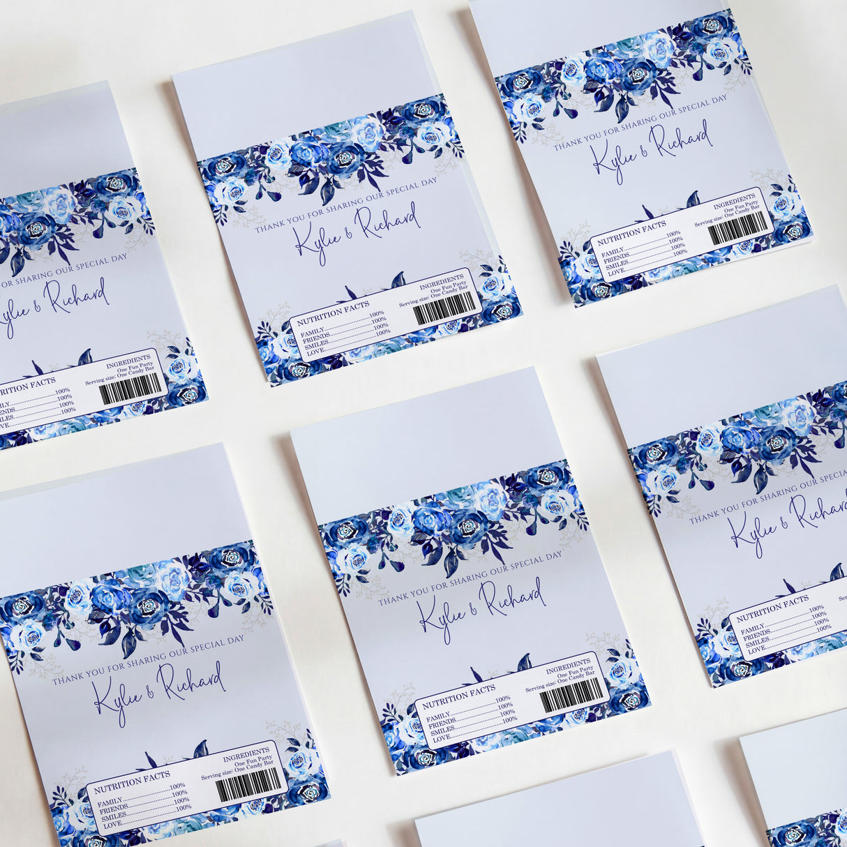 Blue floral printed chocolate wrapper set with script name and barcode labels