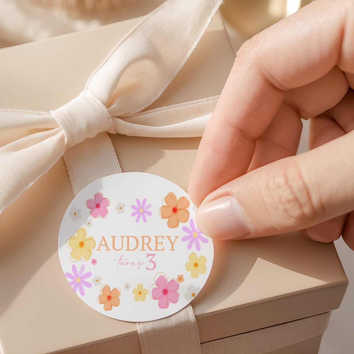 Round daisy-printed birthday label with floral border, AUDREY and 'for 3' text