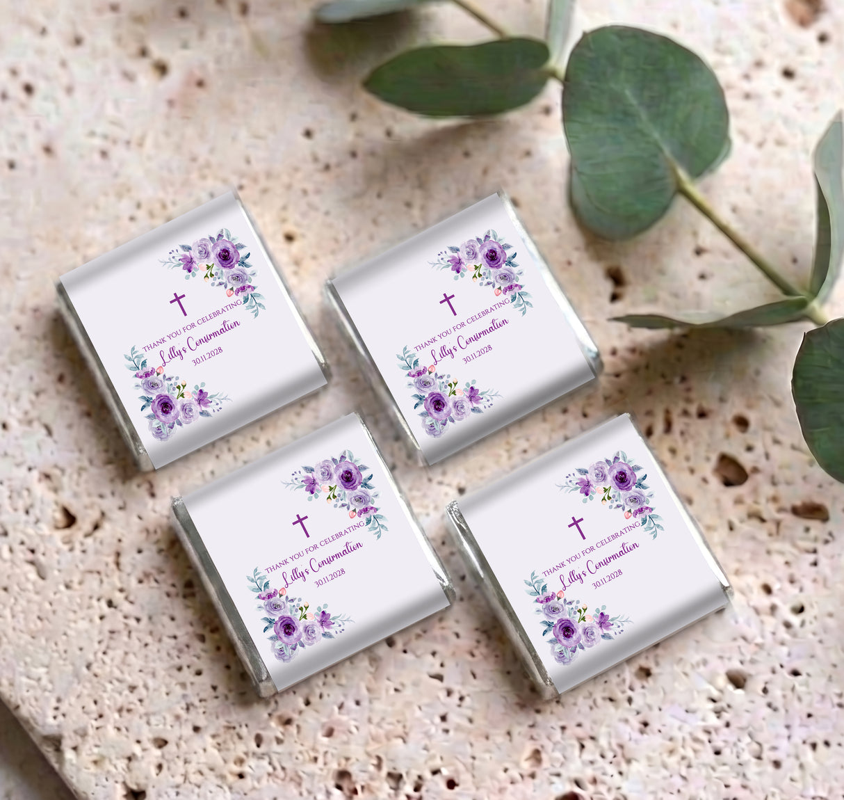 Set of personalised confirmation mini chocolates with four foil wrappers and purple rose cross design