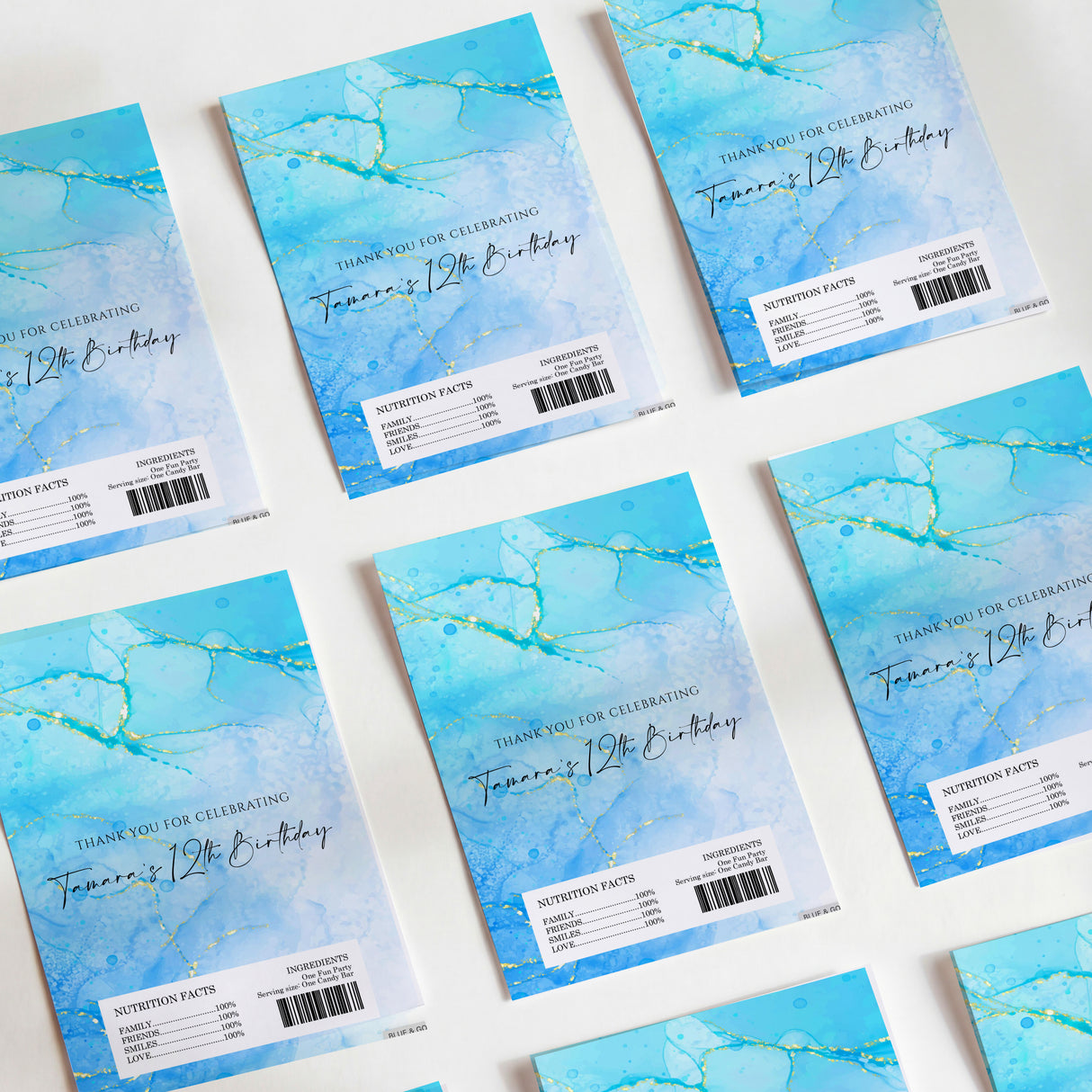 Blue marble birthday printed chocolate wrappers with barcode label