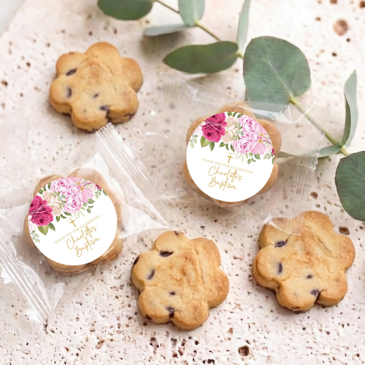 Assorted mini chocolate chip cookies with two floral personalised round labels