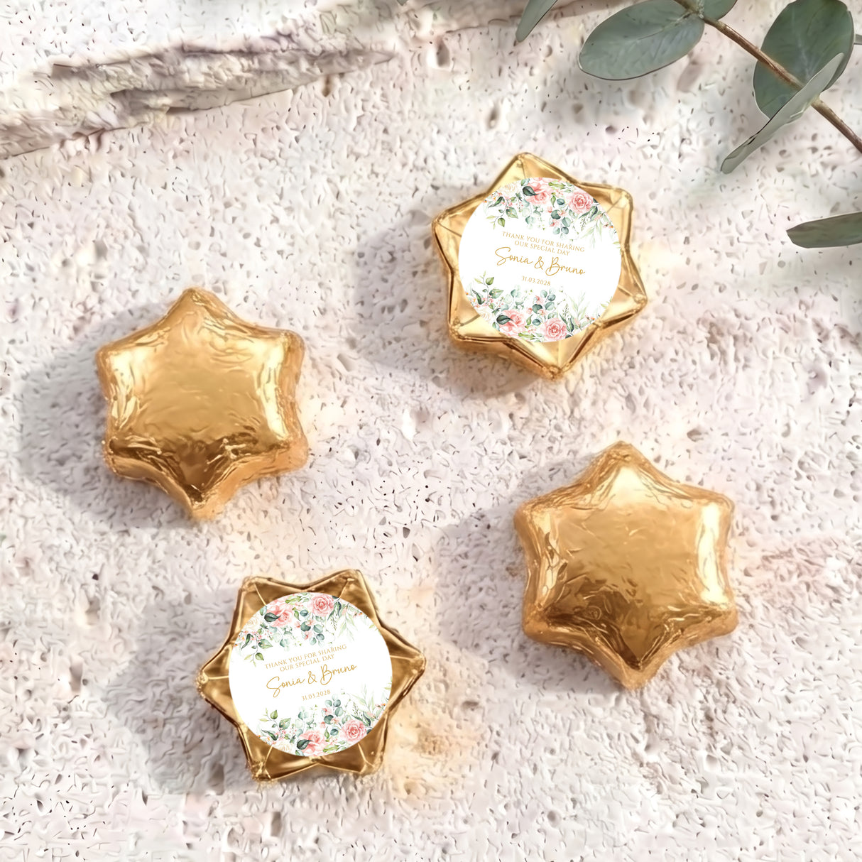 Gold foil-wrapped chocolate stars with floral personalized center label (set of 5)