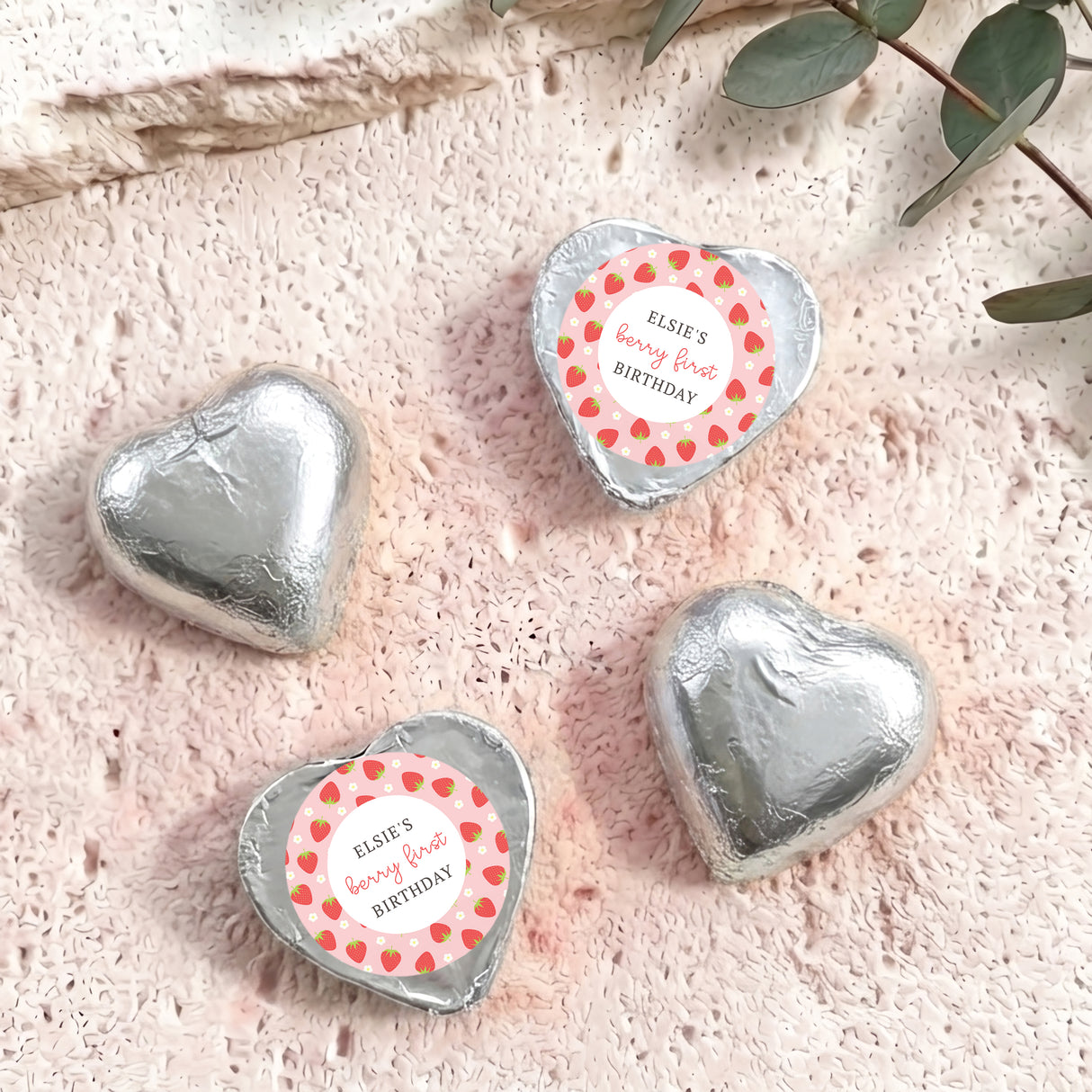 Berry First Birthday Personalised Foil Covered Chocolate Hearts