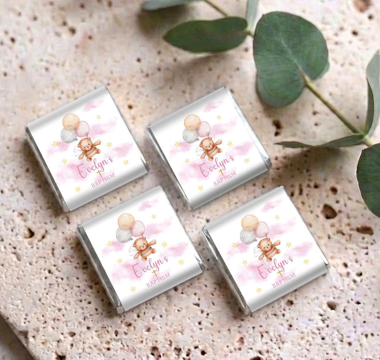 Set of 4 personalised mini chocolates with teddy bear balloons and “Baptism” on wrappers