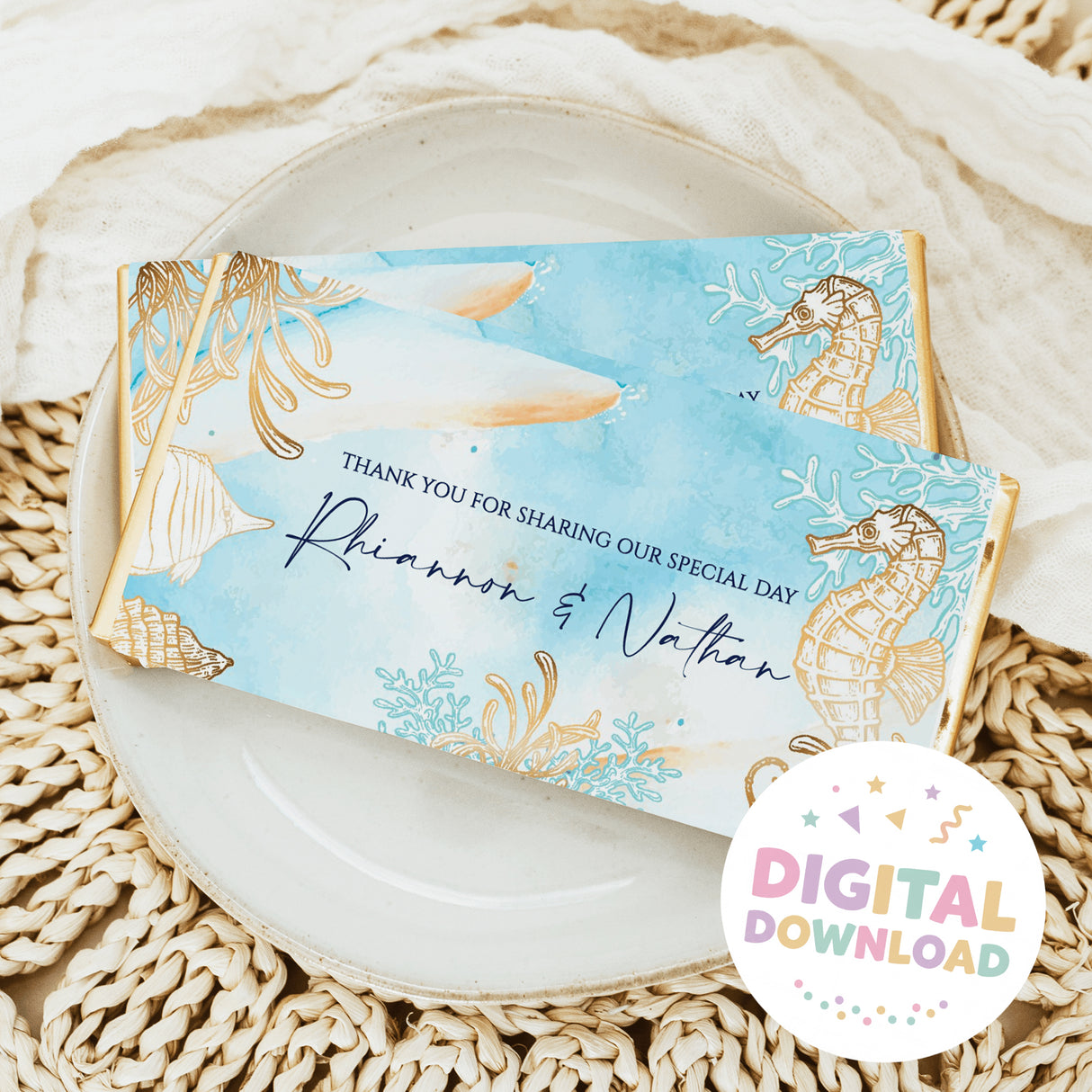 Ocean-themed chocolate bar wrapper in blue and gold watercolor, with sea life and thank-you text