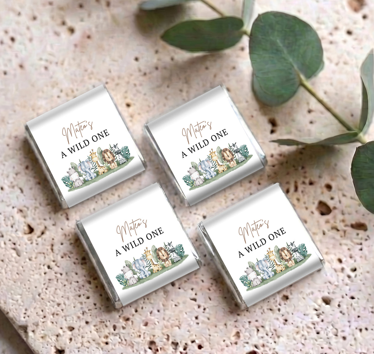 Four personalised mini chocolates with 'A WILD ONE' and woodland animal illustrations