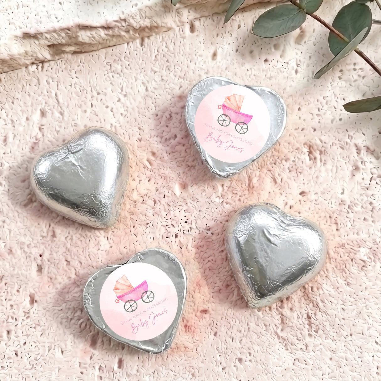 Pink Baby Carriage Baby Shower Personalised Foil Covered Chocolate Hearts