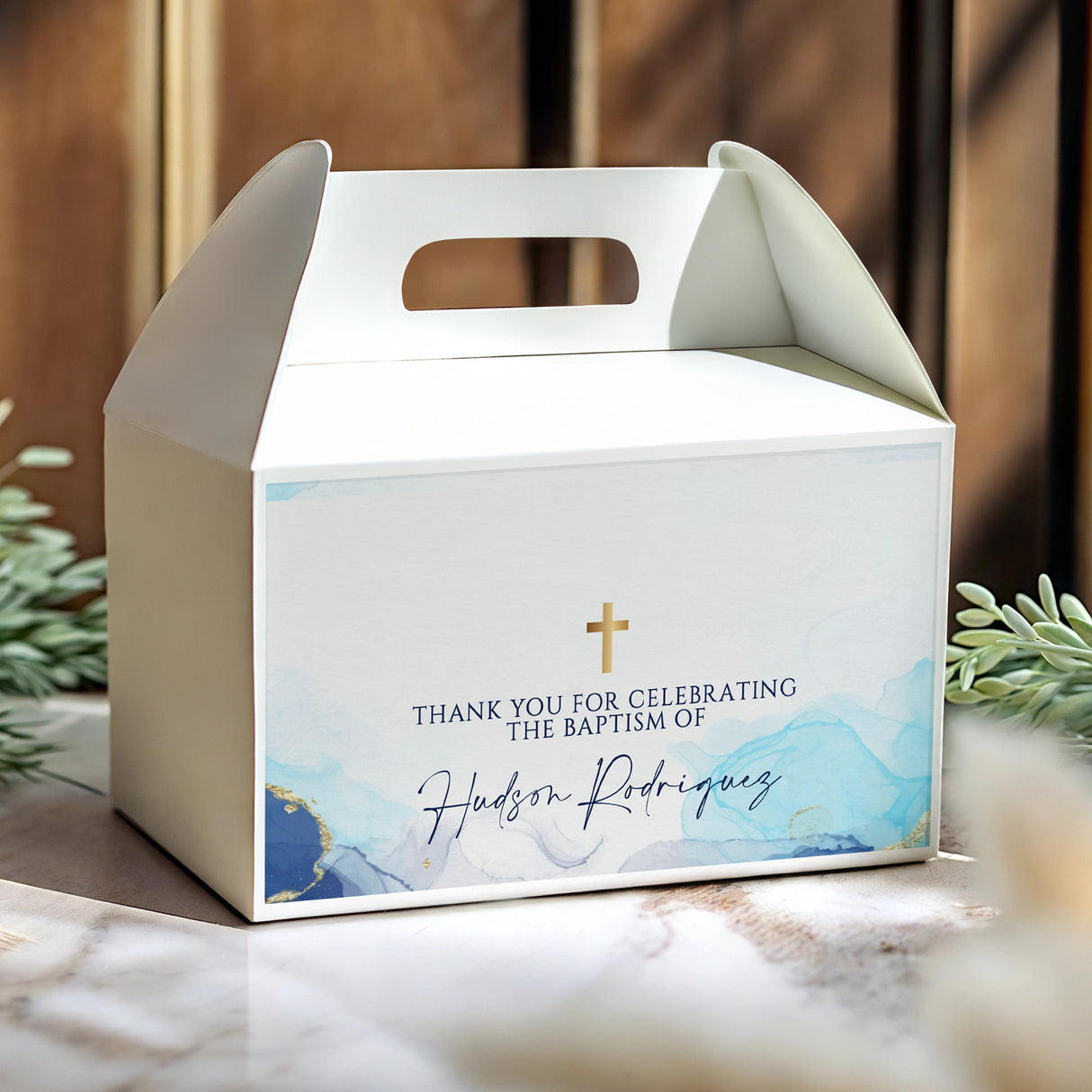 Personalised gable favor box with blue marble print, gold cross, thank you message