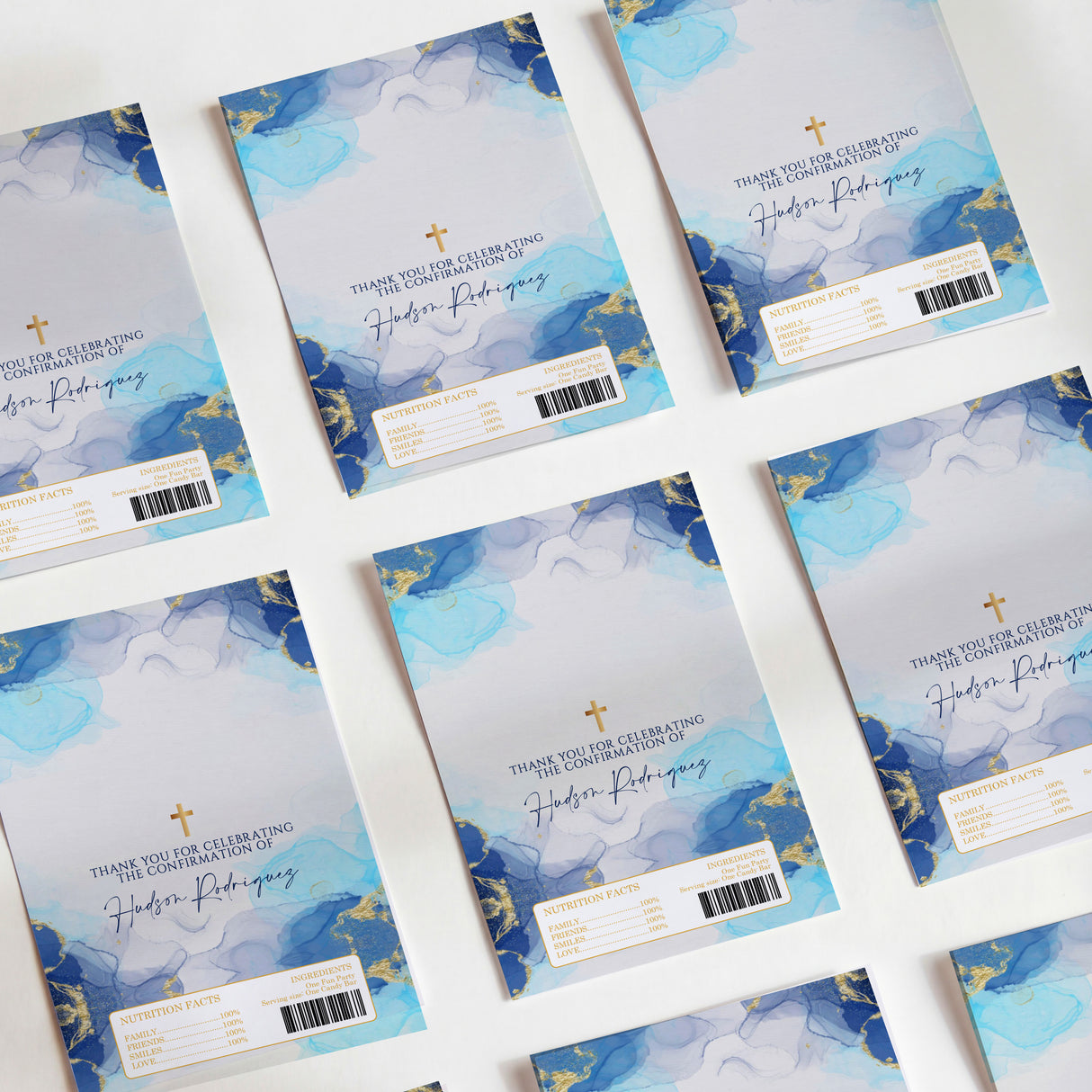 Set of blue marbled confirmation DIY printed chocolate wrappers with cross and label text