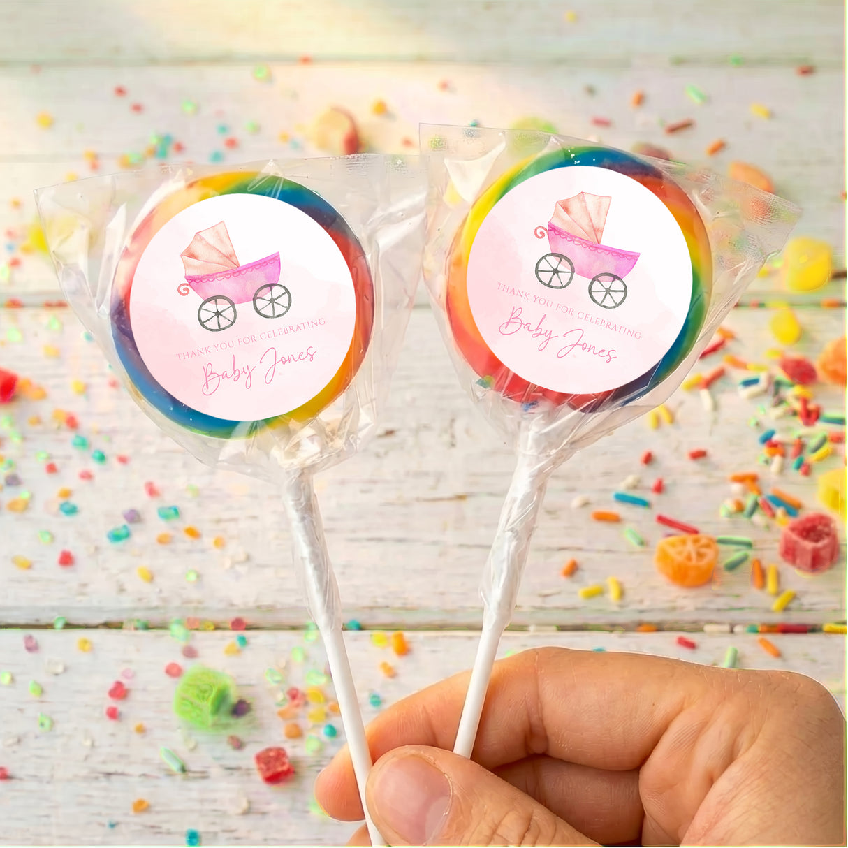 Pink Baby Carriage Baby Shower Personalised Lollipops