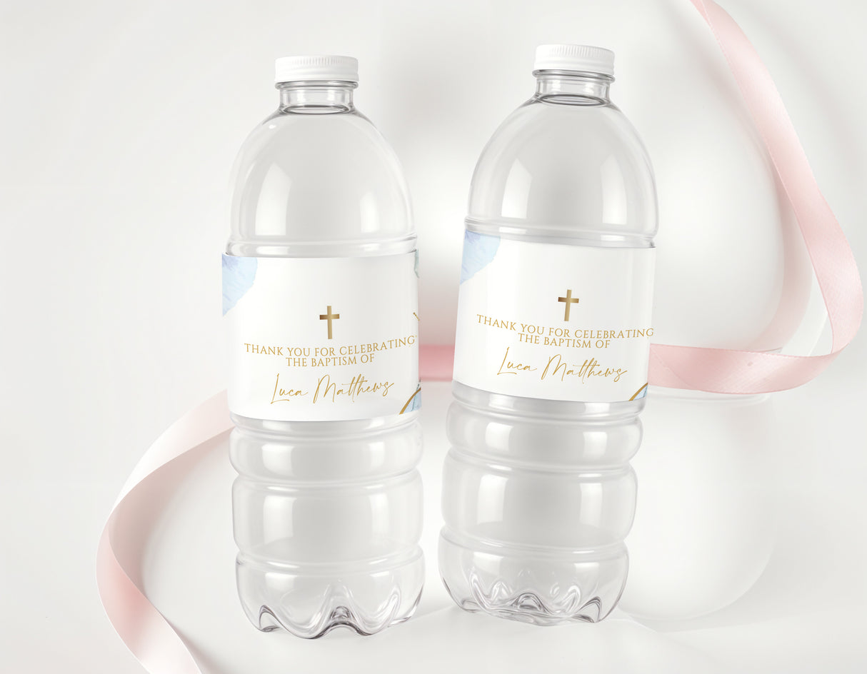 Blue watercolor baptism bottle labels with gold cross and personalised name text