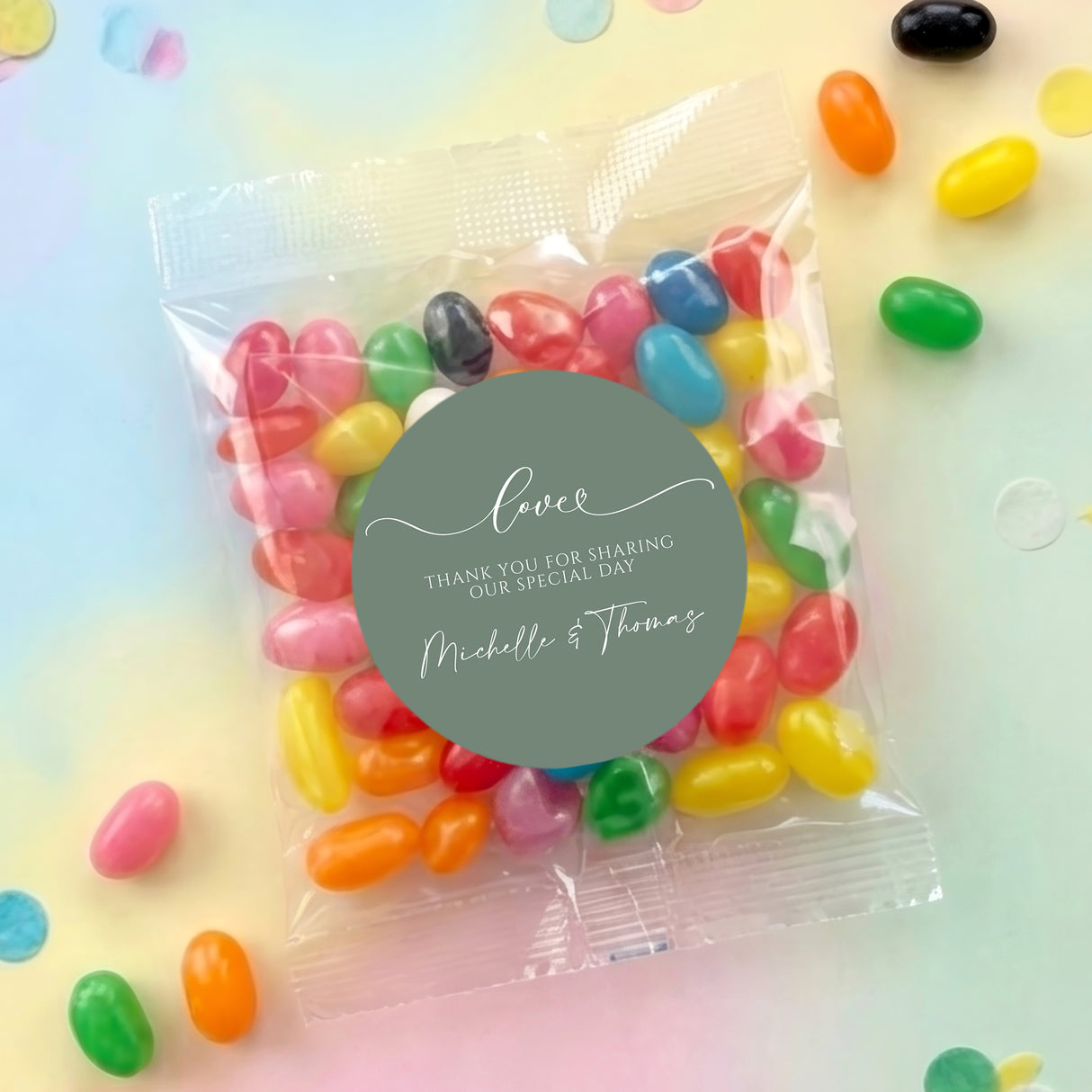 Personalised jelly bean bag with round sage green label reading Love and Thank you message