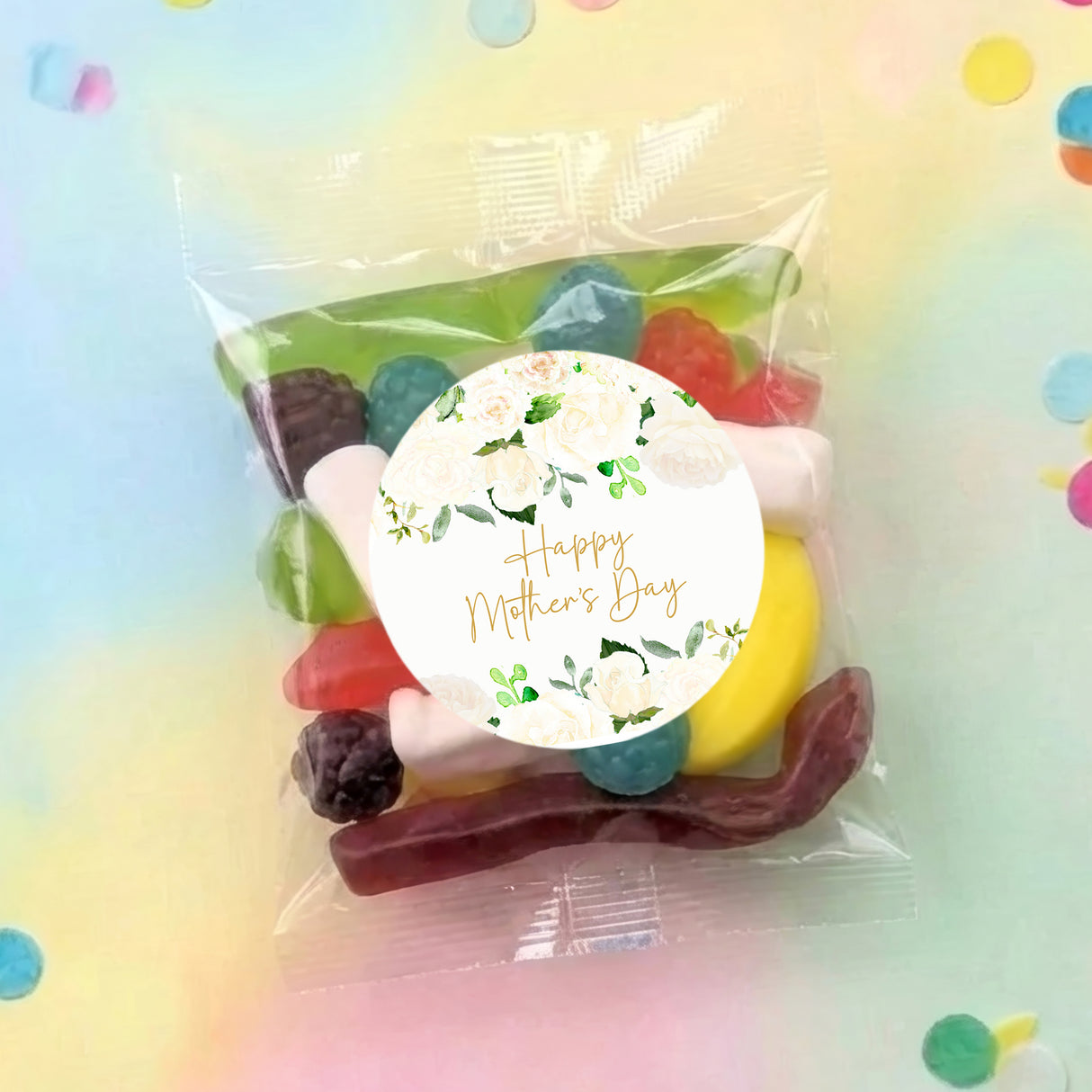 Happy Mother's Day lolly bag with assorted fruit and chocolate candies in clear wrap