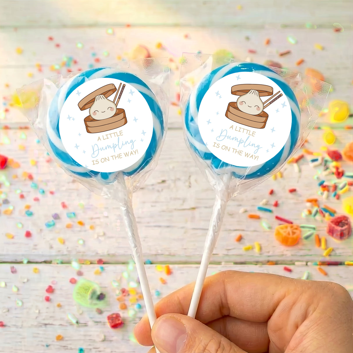 Little Dumpling Blue Personalised Lollipops