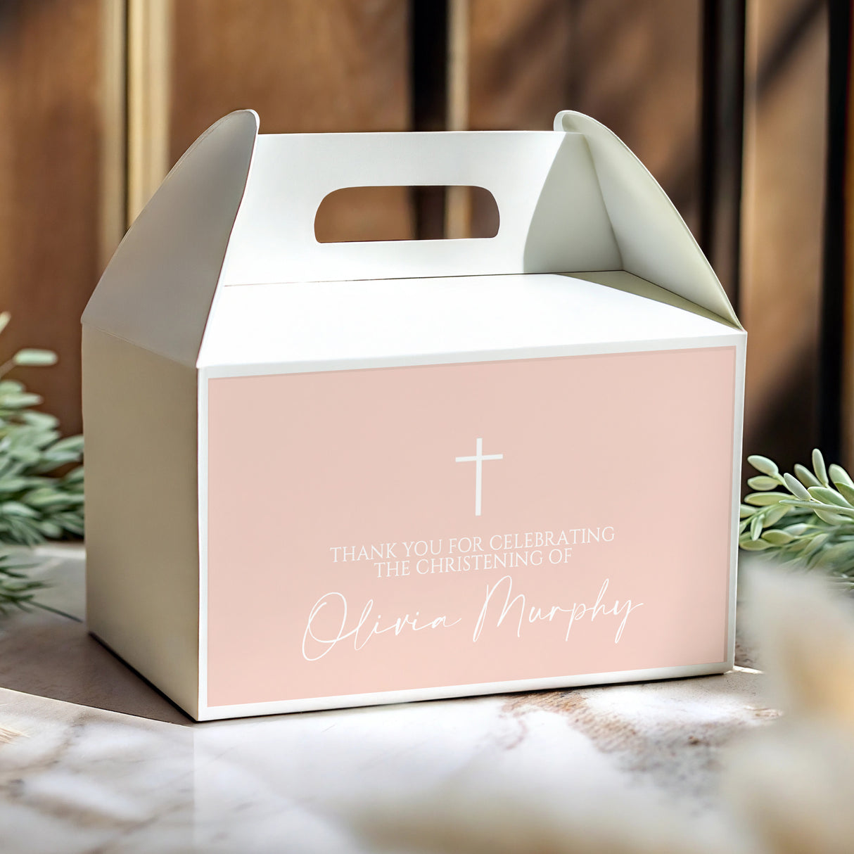 Blush pink christening gable favour box with cross and thank-you message, handle cut-out