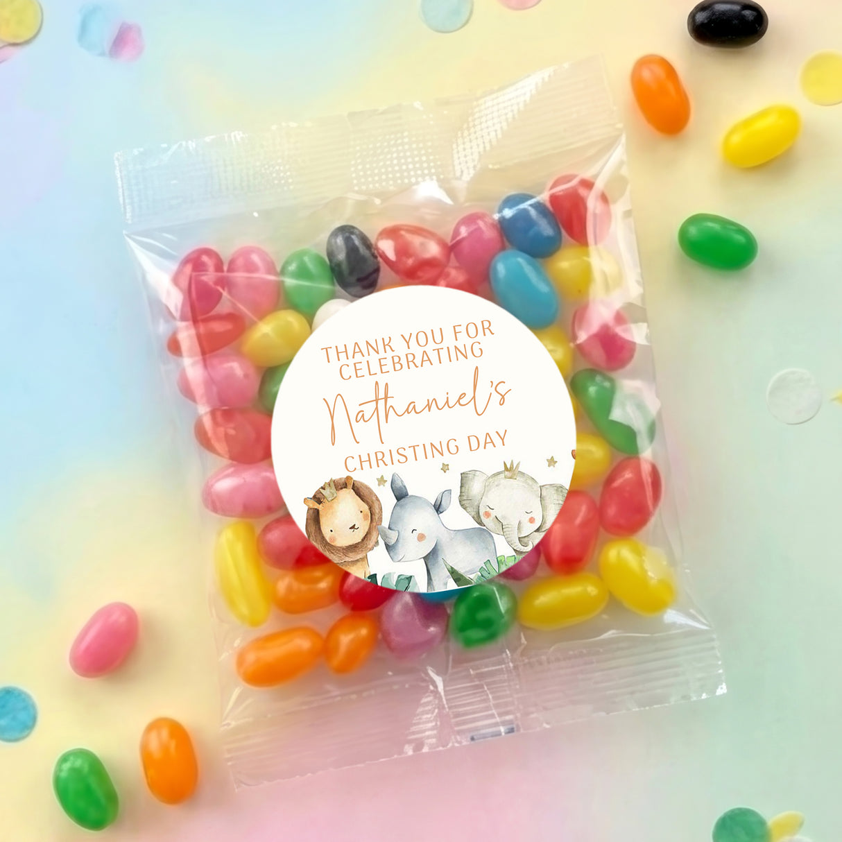 Personalised christening jelly bean bag with watercolor baby animals thank-you sticker