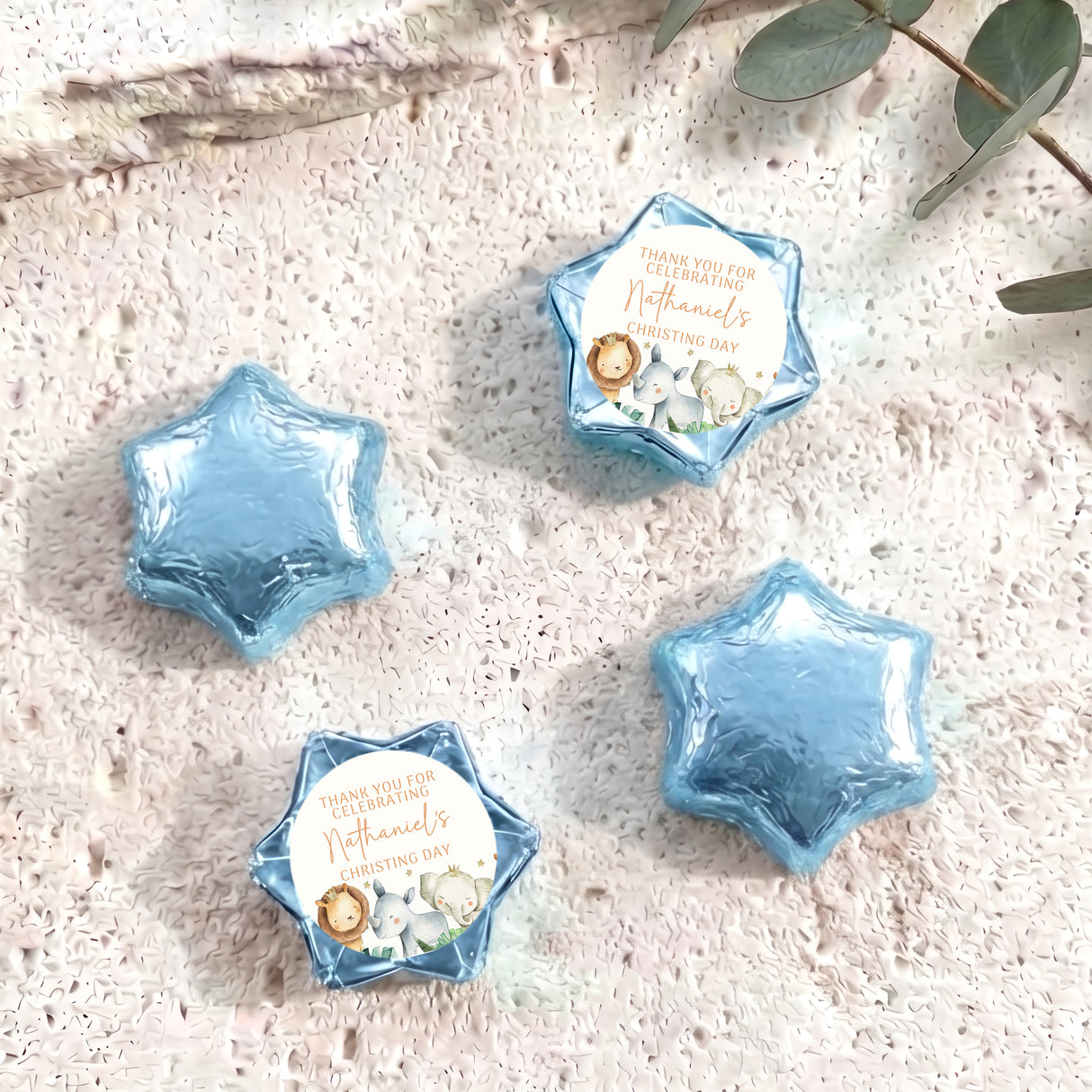 Personalised christening chocolate stars with blue foil and thank-you card, Nathaniel