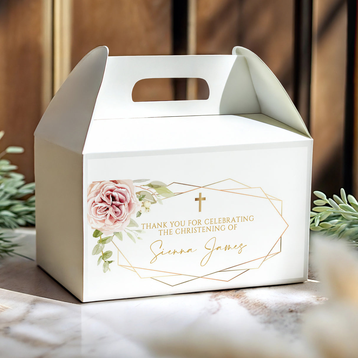 White gable favour box with rose-gold frame, floral accents, and personalised christening text