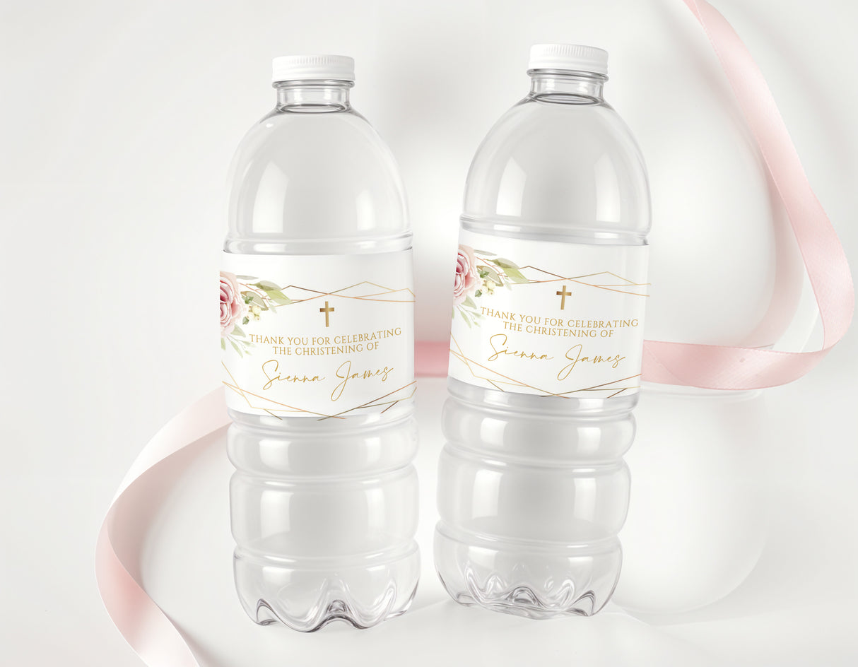 Christening water bottle labels with blush rose gold frame, cross and personalized text