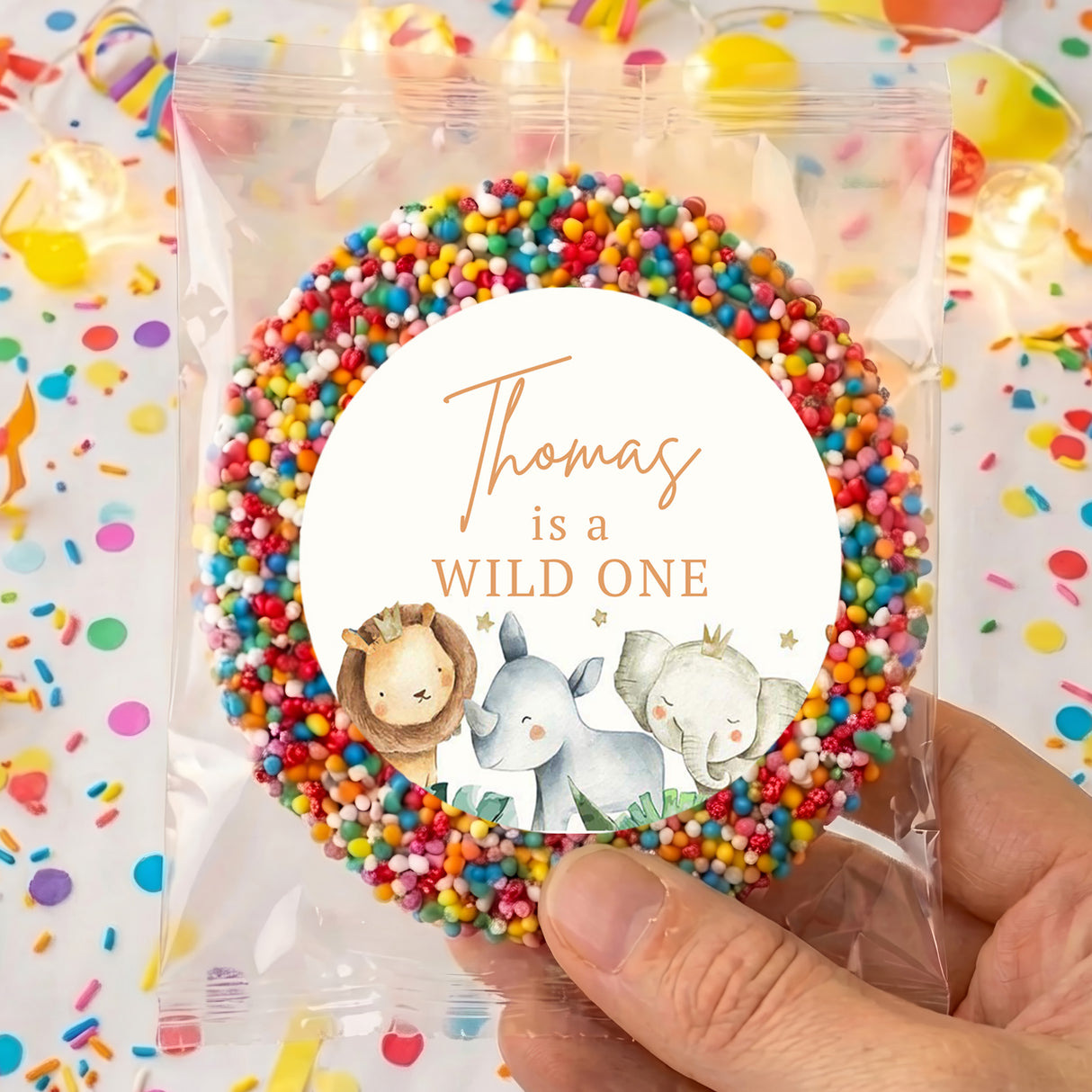 Personalized wild one baby animal freckles gift bag with Thomas and rainbow sprinkle ring