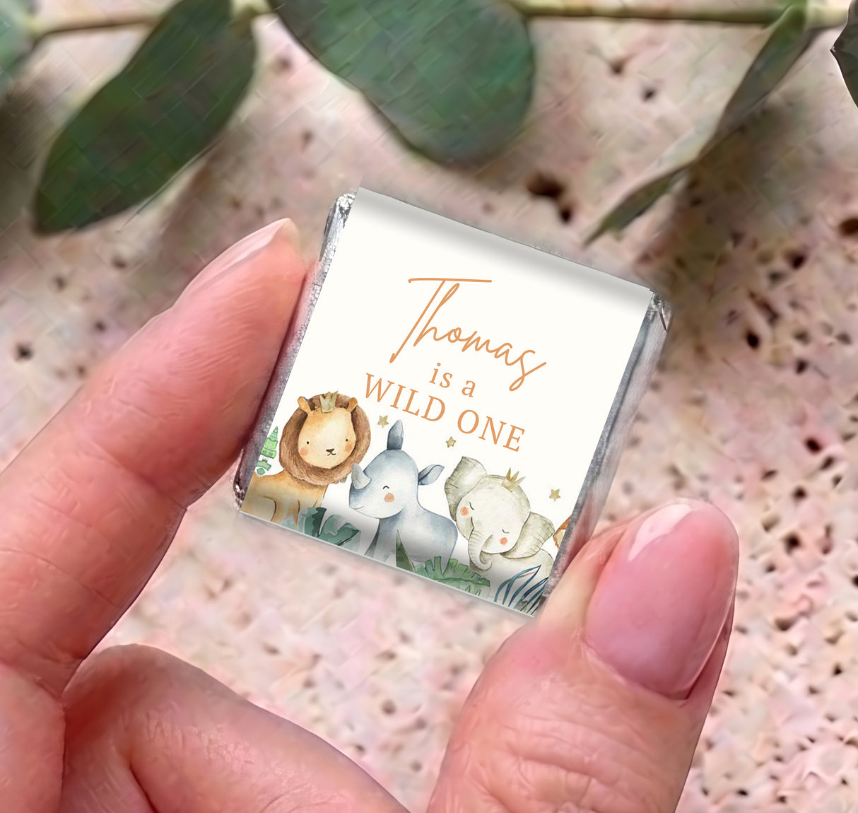 Mini chocolate bar box with wild animal artwork and 'Wild One' text, close-up in hands