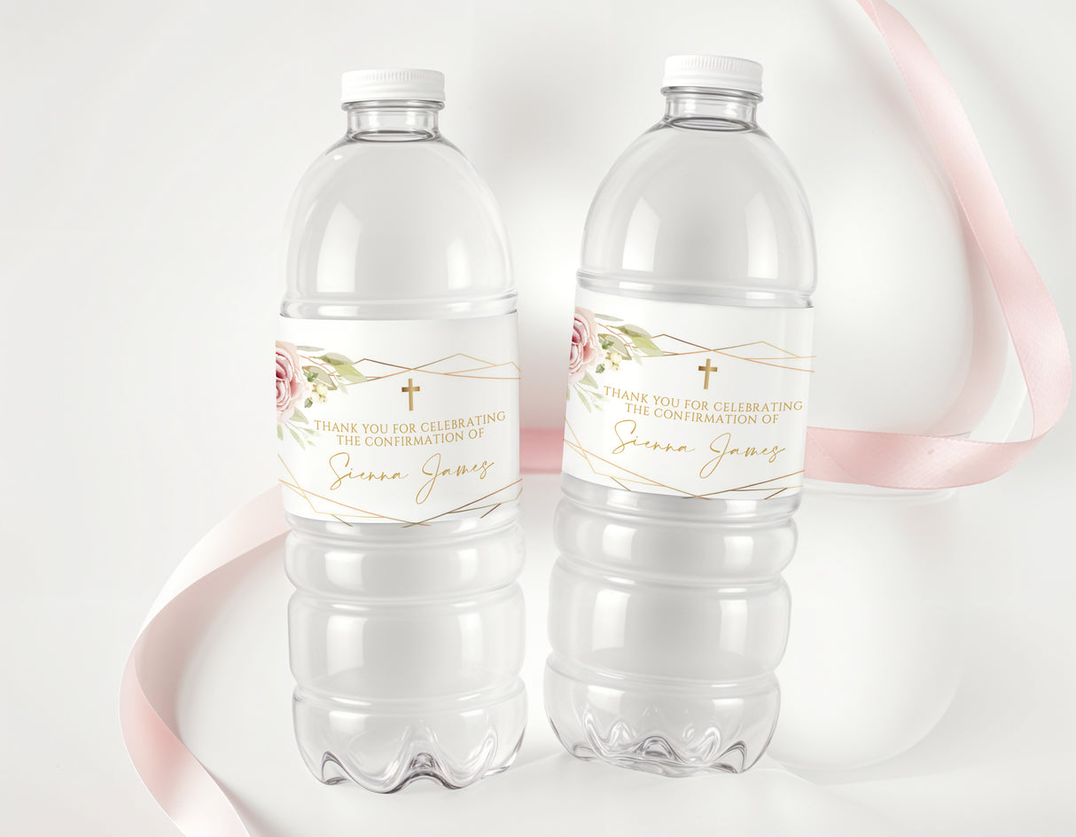 Personalised water bottle labels with blush rose gold frame, on clear plastic bottles