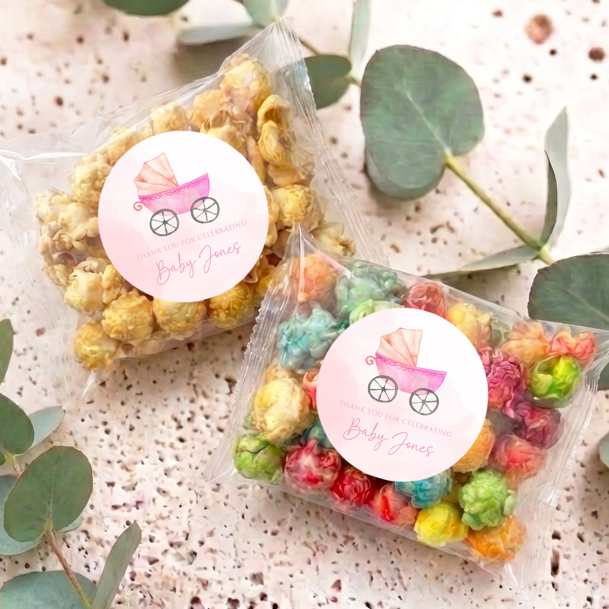 Pink Baby Carriage Baby Shower Personalised Popcorn Bag