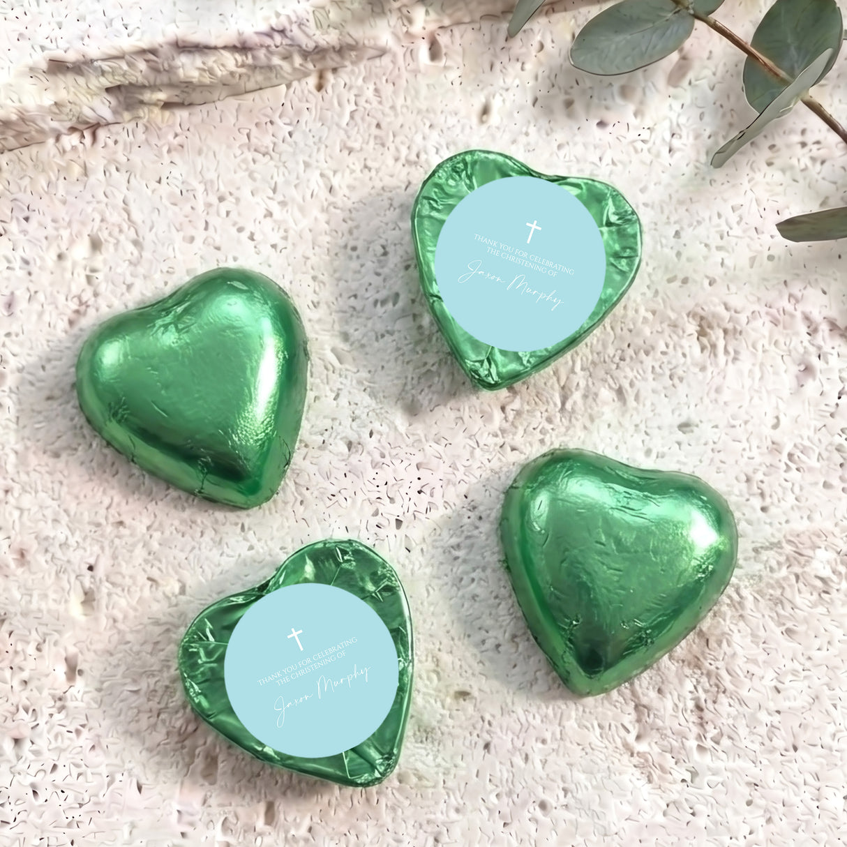 Green heart foil chocolates with cross and personalised label