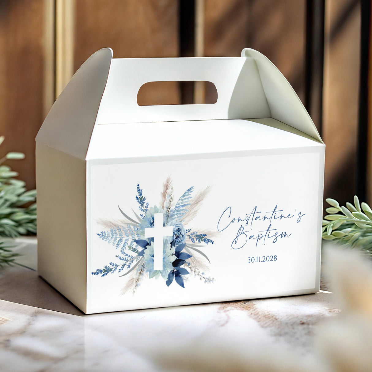White gable favour box with blue pampas floral decoration and baptism date text