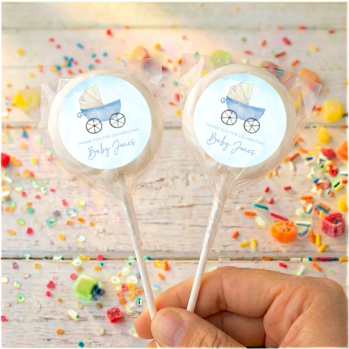 Blue Baby Carriage Baby Shower Personalised Lollipops