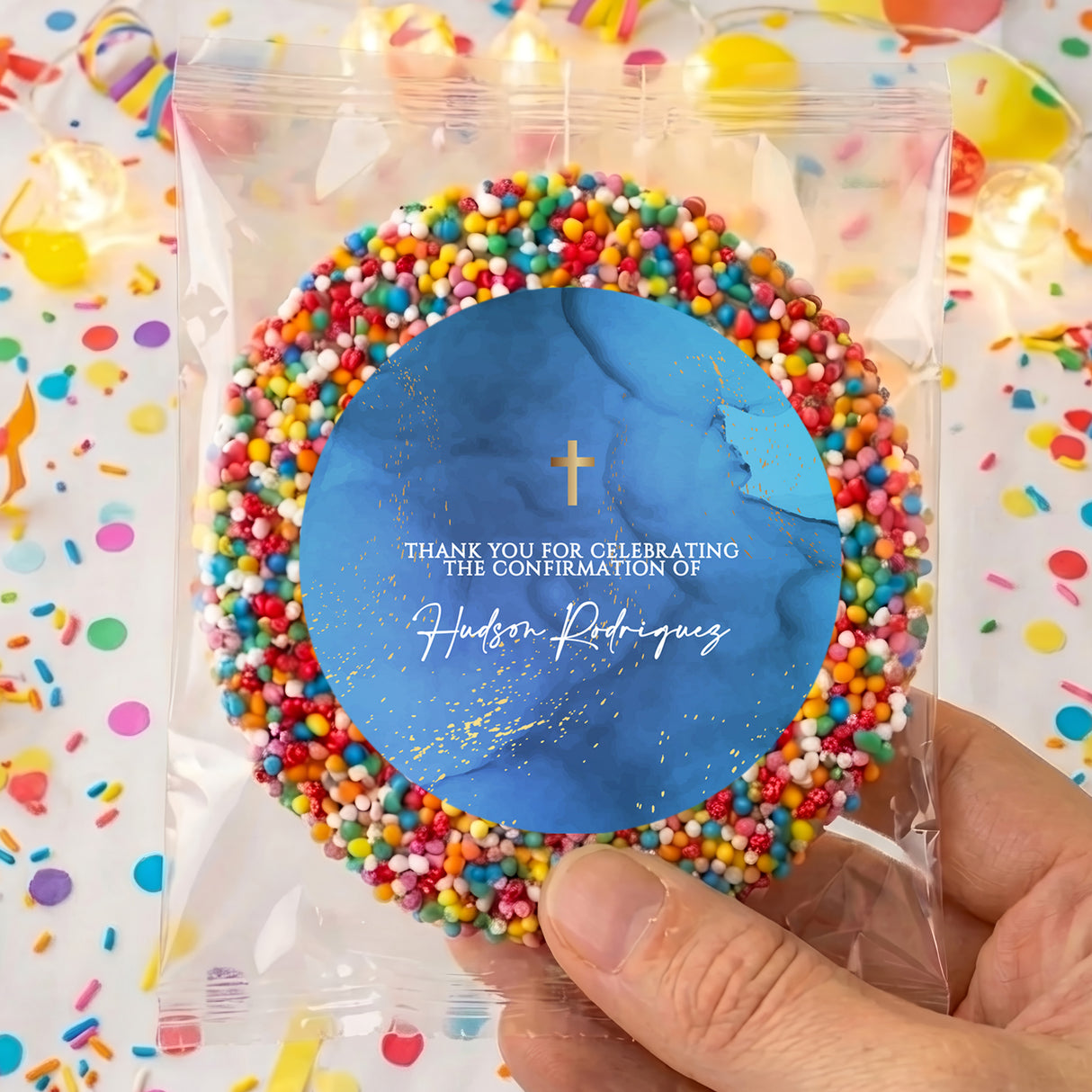 Confirmation sticker with deep blue circle, gold cross, and thank-you text